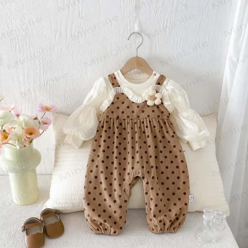 Completo da bambina con stampa a pois e fiori finti, 2 pezzi. - image 2