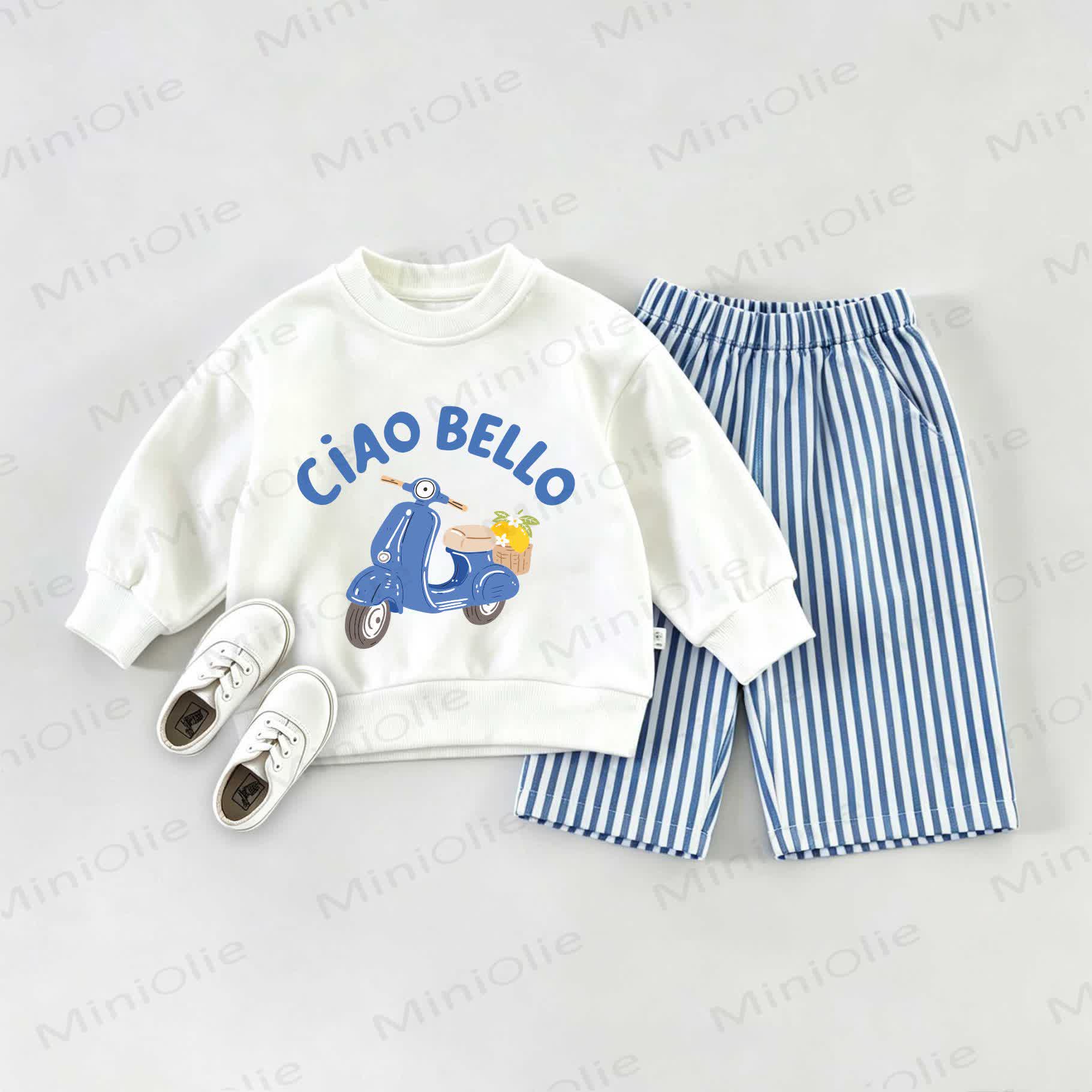 Completo 2 pezzi per neonati CIAO BELLO: felpa e pantaloni a righe. - Bianco e Blu - 2-3T - image 1