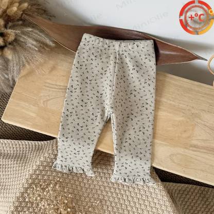 Leggings per neonati con volant e stampa floreale, foderati in pile. - Beige - 2-3T - image 1