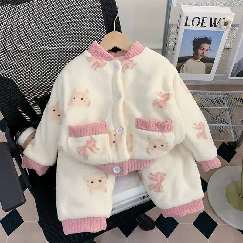 Completo da casa per bambini composto da giacca e pantaloni in morbido peluche con stampa animalier, composto da 2 pezzi. - Beige Bunny - 6-7T - image 2