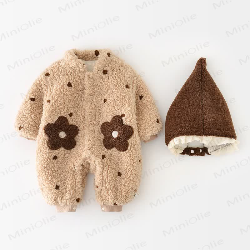 Tutina per neonato in sherpa con fiori e pois e cappellino. - Beige - 18-24 mesi - image 2