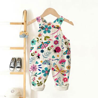 Salopette per neonati e bambini con stampa di fiori e insetti - Beige - 3-5T - image 1
