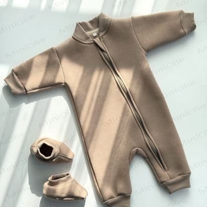 Tutina per neonato con cerniera, foderata in pile, e scarpine abbinate. - Cachi - 2-3T - image 4