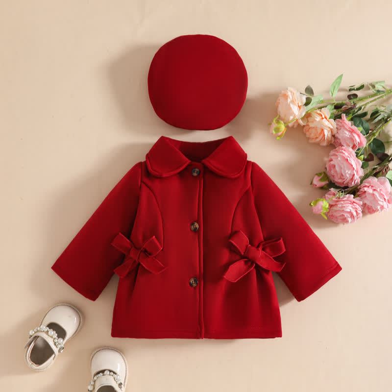 Cappotto a tinta unita con fiocco e berretto per bambina. - Rosso scuro - 3 anni - image 5