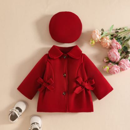 Cappotto a tinta unita con fiocco e berretto per bambina. - Rosso scuro - 3 anni - image 5