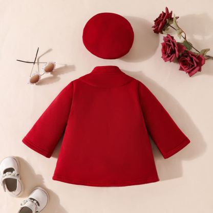 Cappotto a tinta unita con fiocco e berretto per bambina. - image 7