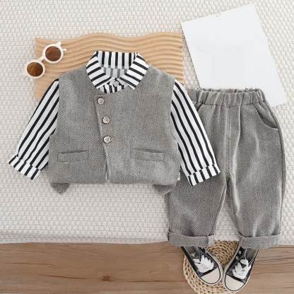 Completo da 3 pezzi per neonato composto da canottiera asimmetrica e camicia a righe. - Grigio - 4-5T - image 2