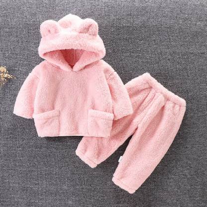 Completo per bambino composto da felpa con cappuccio e pantaloni in pile con orecchie d'orso, due pezzi. - Rosa - 4-5T - image 1