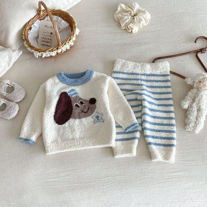 Completo da casa in peluche con stampa a cartoni animati per neonati e bambini, composto da 2 pezzi. - Cane Beige - 2-3T - image 5