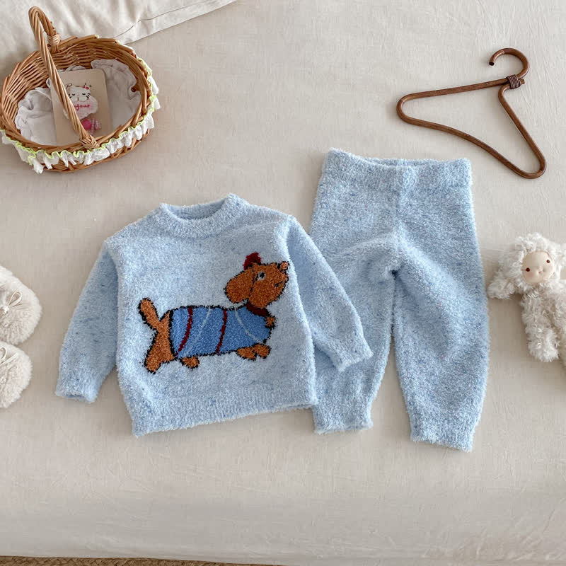 Completo da casa in peluche con stampa a cartoni animati per neonati e bambini, composto da 2 pezzi. - Cane blu - 2-3T - image 6