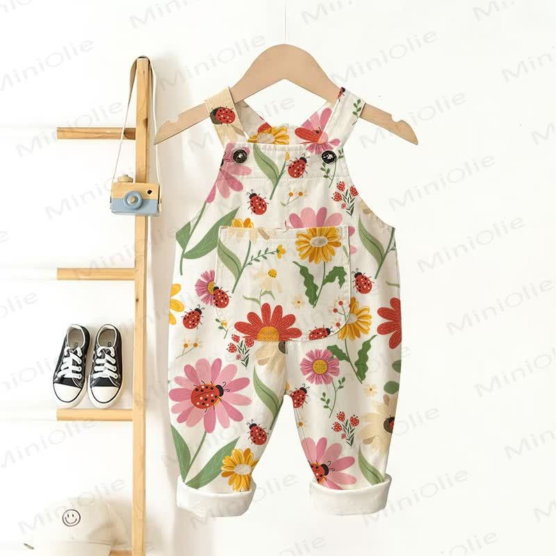 Salopette per neonati e bambini piccoli con fiori e coccinella e tasche - Beige - 3-5T - image 1
