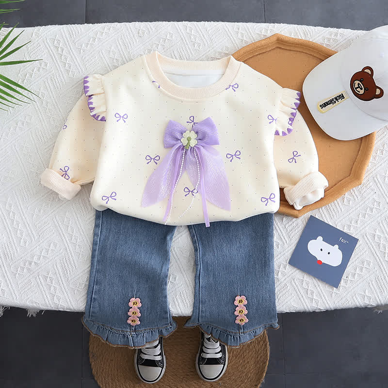 Completo da bambina composto da top in tulle con fiocco e jeans. - Viola - 4-5T - image 2