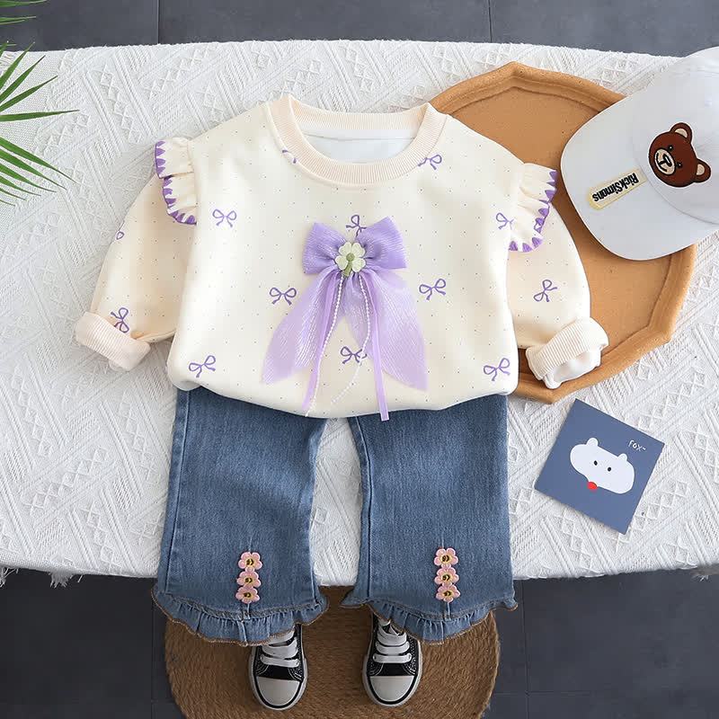 Completo da bambina composto da top in tulle con fiocco e jeans. - Viola - 4-5T - image 2