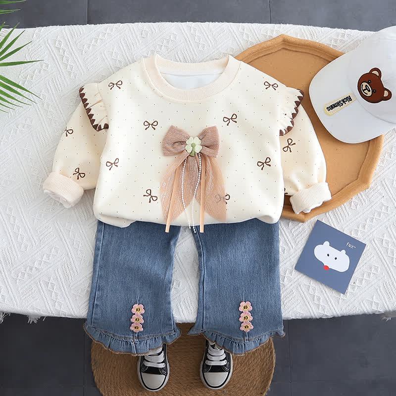 Completo da bambina composto da top in tulle con fiocco e jeans. - Marrone - 4-5T - image 3