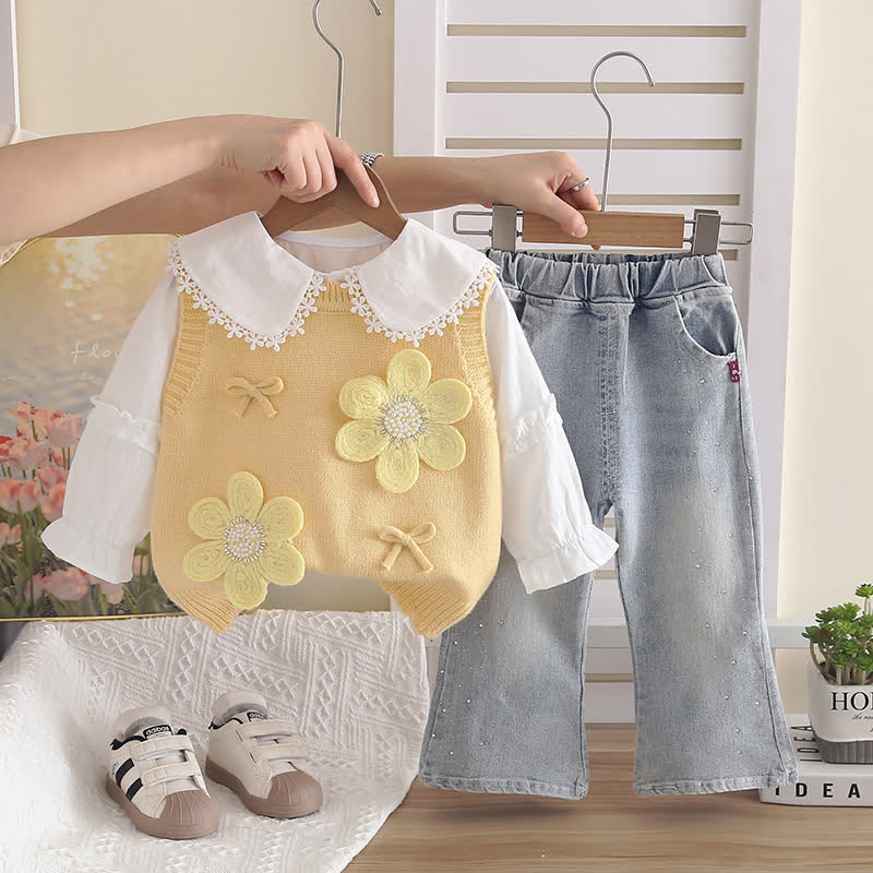 Completo da 3 pezzi in denim a maglia floreale per bambina - Giallo - 4-5T - image 3