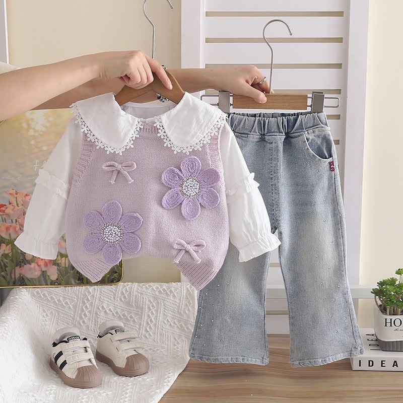 Completo da 3 pezzi in denim a maglia floreale per bambina - Viola - 4-5T - image 4