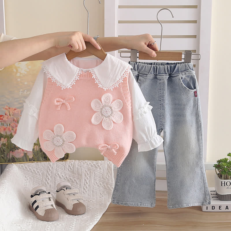 Completo da 3 pezzi in denim a maglia floreale per bambina - Rosa - 4-5T - image 2
