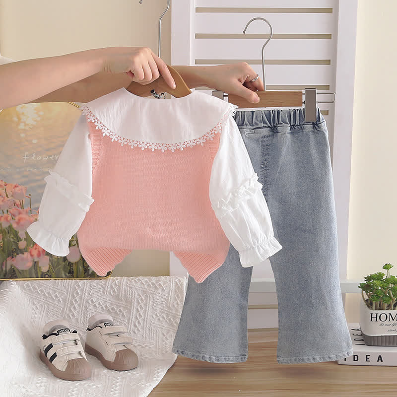 Completo da 3 pezzi in denim a maglia floreale per bambina - image 5