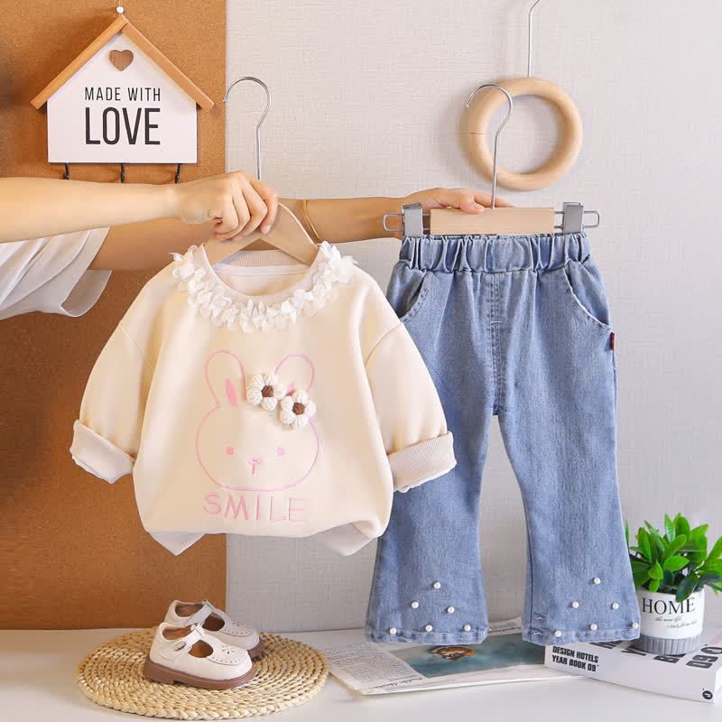 Completo 2 pezzi per bambina SMILE: top con coniglietto a fiori e pantaloni in denim. - Beige - 4-5T - image 4