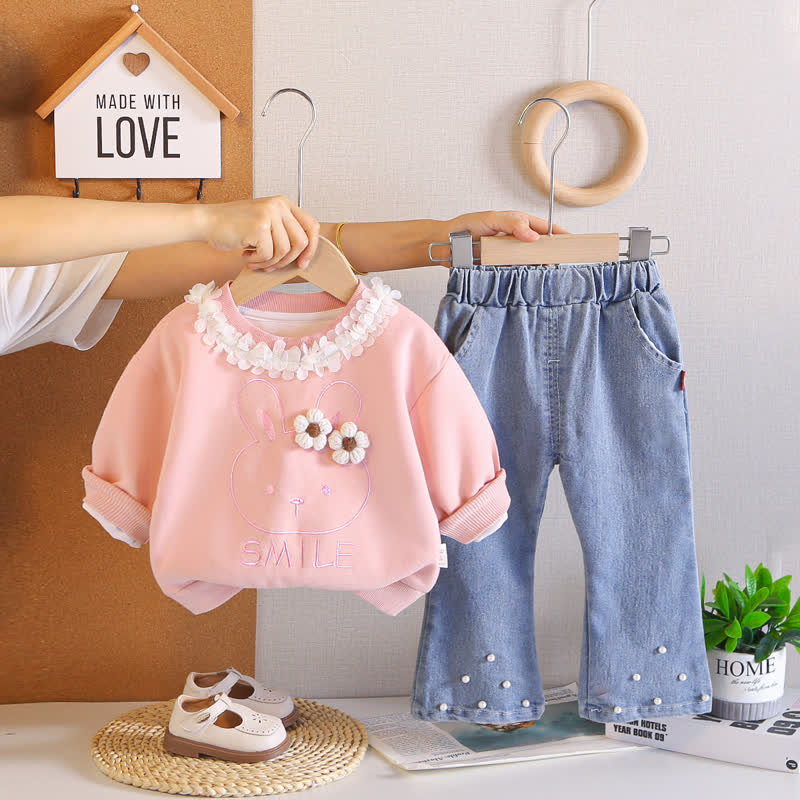 Completo 2 pezzi per bambina SMILE: top con coniglietto a fiori e pantaloni in denim. - Rosa - 4-5T - image 2