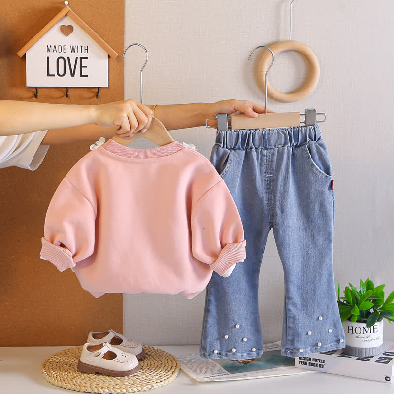 Completo 2 pezzi per bambina SMILE: top con coniglietto a fiori e pantaloni in denim. - image 5