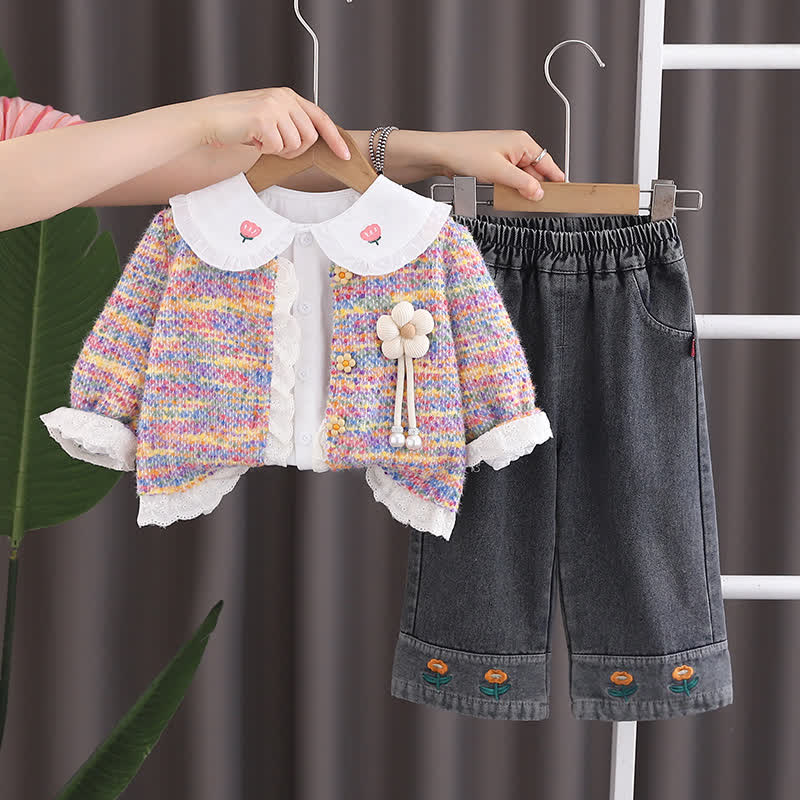 Completo da bambina composto da cardigan con applicazioni floreali e jeans, 3 pezzi - Rosa - 4-5T - image 2
