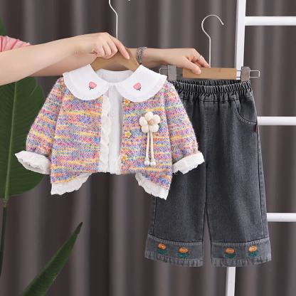 Completo da bambina composto da cardigan con applicazioni floreali e jeans, 3 pezzi - Rosa - 4-5T - image 2