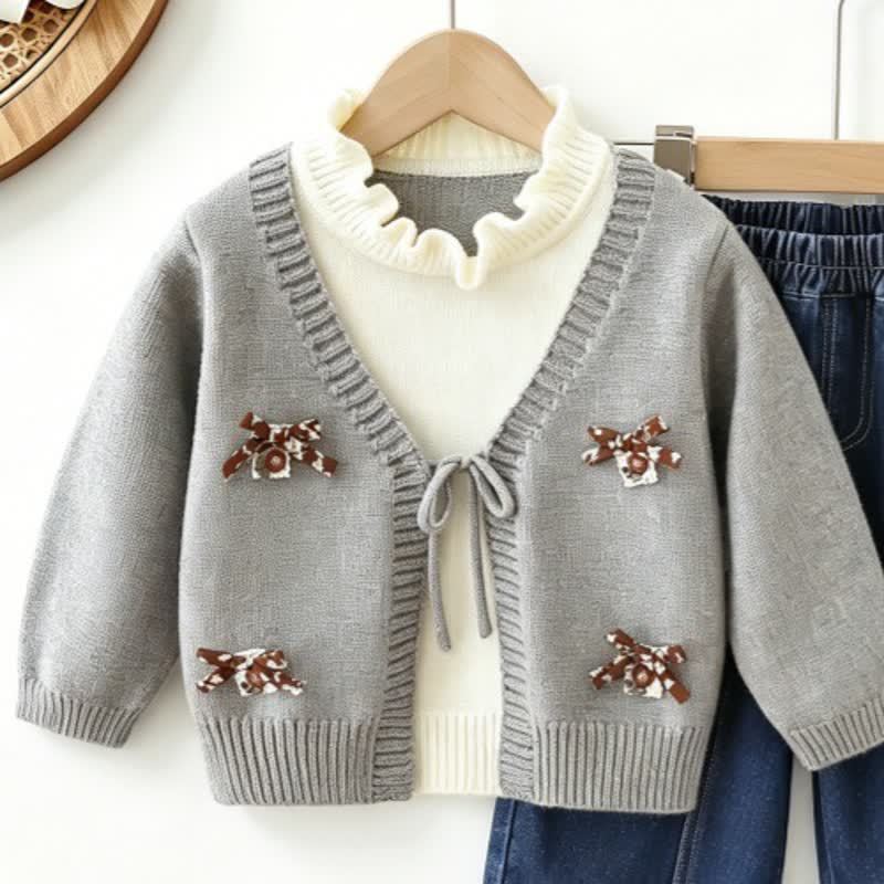 Completo da bambina composto da top in maglia con fiocco e pantaloni in denim. - Top grigio - 6-7T - image 4