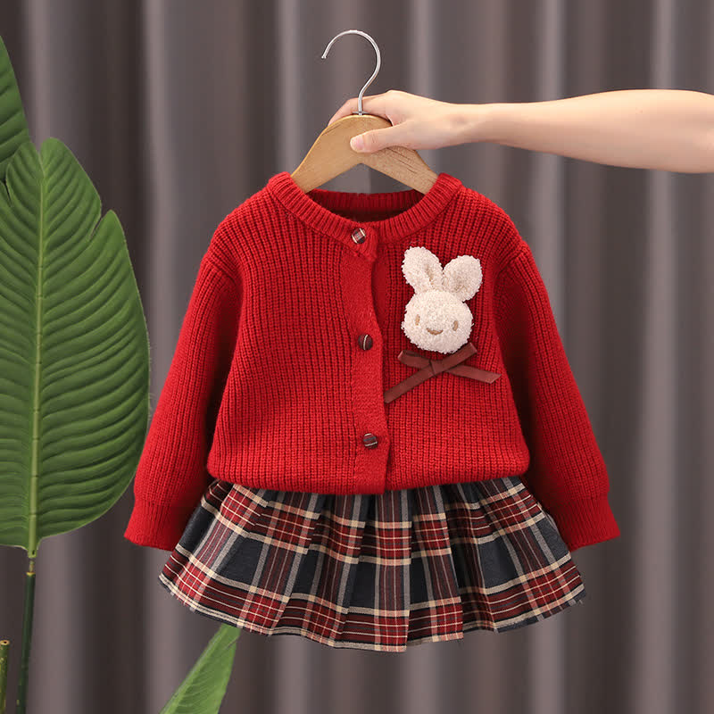 Completo da bambina composto da cardigan e gonna in maglia con applicazioni di coniglietti. - Rosso - 6-7T - image 1