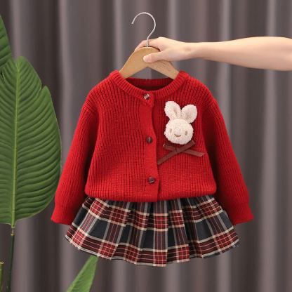 Completo da bambina composto da cardigan e gonna in maglia con applicazioni di coniglietti. - Rosso - 6-7T - image 1