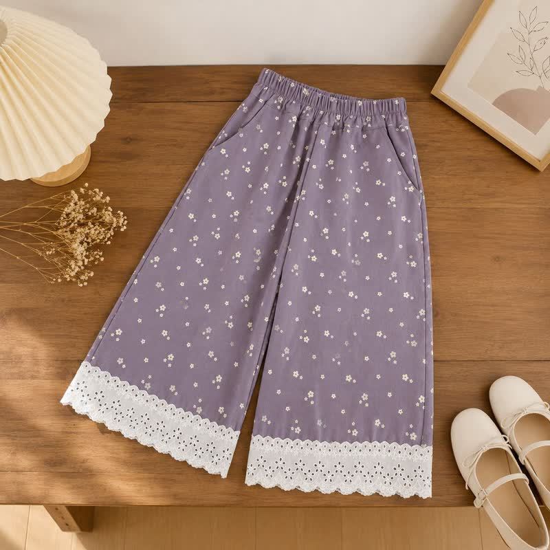 Pantaloni viola con orlo in pizzo floreale per bambina - image 2