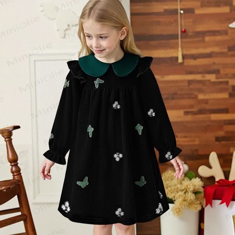 Vestito da bambina in velluto con motivo floreale e farfalle - Nero - 6-7T - image 2