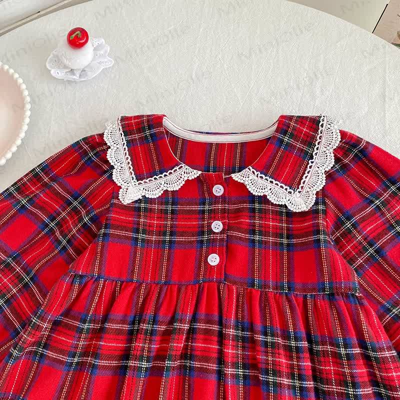 Vestito scozzese da bambina con colletto in pizzo - image 2