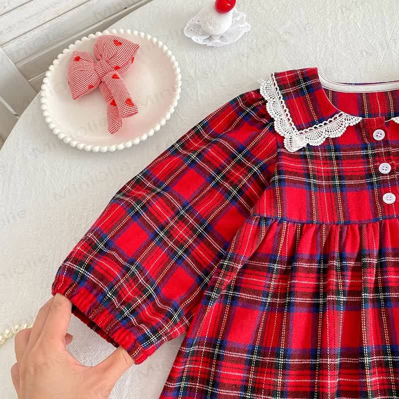 Vestito scozzese da bambina con colletto in pizzo - image 3