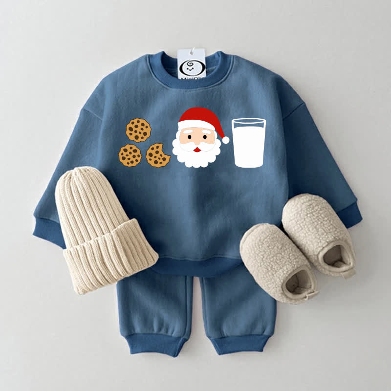 Completo due pezzi con felpa blu con stampa di Babbo Natale e cibo per bambini - Blu - 2-3T - image 1