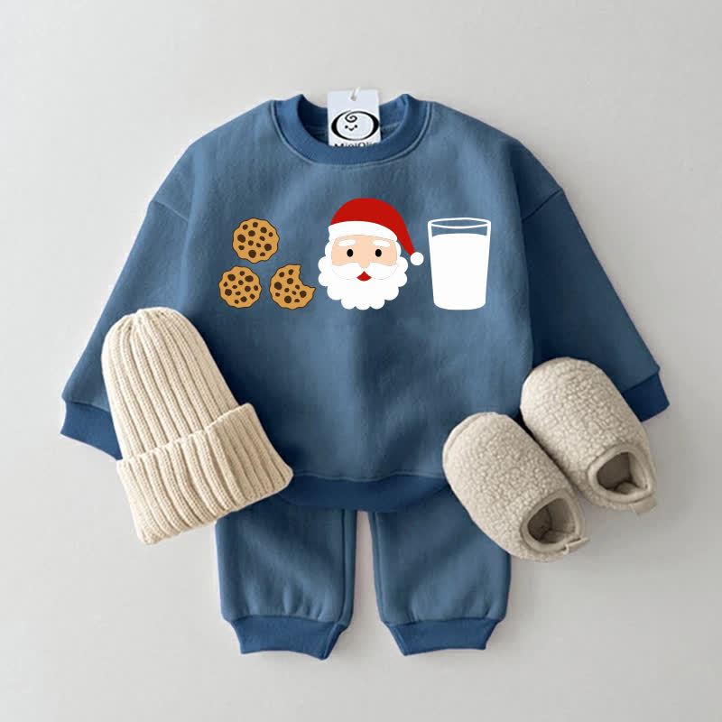 Completo due pezzi con felpa blu con stampa di Babbo Natale e cibo per bambini - Blu - 2-3T - image 1