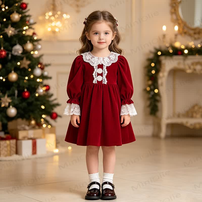 Vestito a maniche lunghe in velluto con colletto in pizzo per bambina - image 1