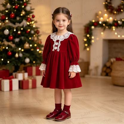 Vestito a maniche lunghe in velluto con colletto in pizzo per bambina - image 2