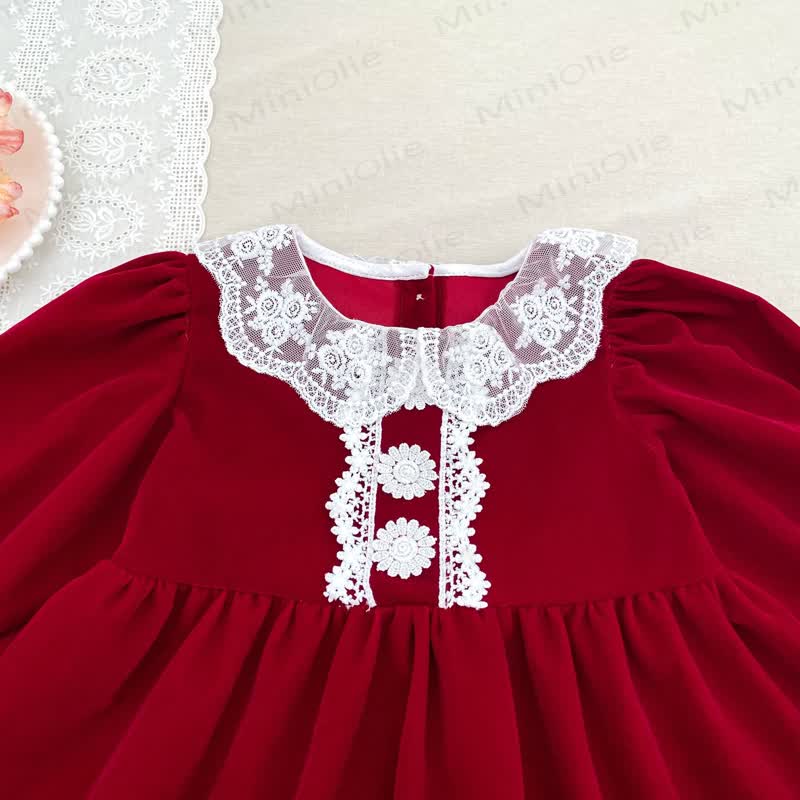 Vestito a maniche lunghe in velluto con colletto in pizzo per bambina - image 7