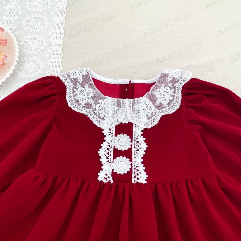 Vestito a maniche lunghe in velluto con colletto in pizzo per bambina - image 7