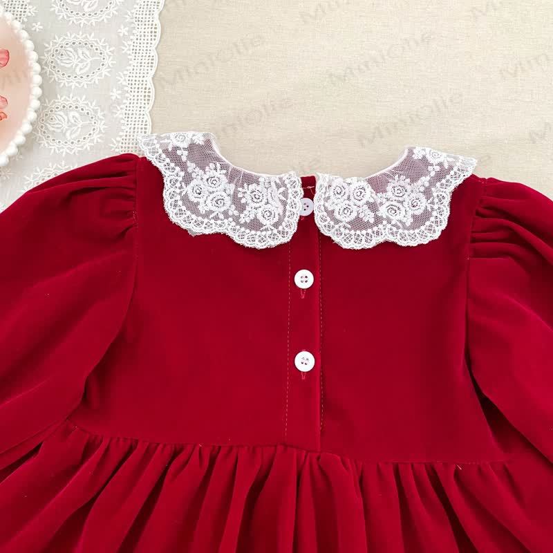Vestito a maniche lunghe in velluto con colletto in pizzo per bambina - image 8