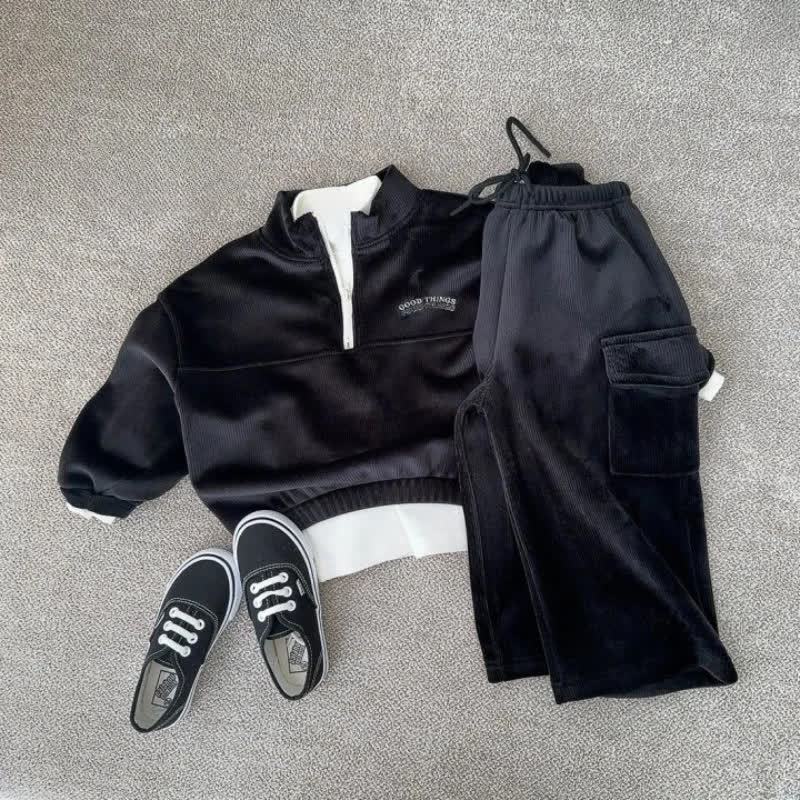 Completo due pezzi per bambini: felpa e pantaloni in velluto a coste con mezza zip. - Nero - 5-6 anni - image 3