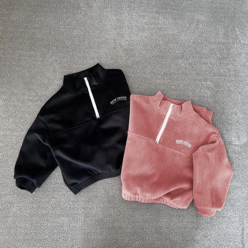 Completo due pezzi per bambini: felpa e pantaloni in velluto a coste con mezza zip. - image 4