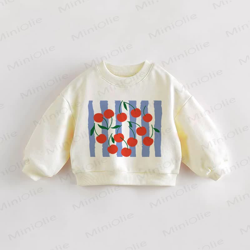 Felpa per neonati e bambini piccoli a righe blu con stampa ciliegia e crema - Crema - 3-5T - image 1