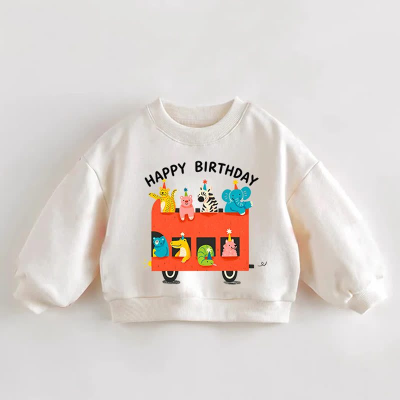 BUON COMPLEANNO Felpa color crema con stampa di autobus e animali per neonati e bambini - Crema - 3-5T - image 1
