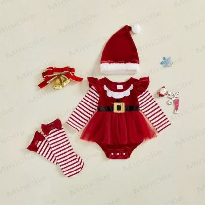Completo natalizio per neonato con body in velluto e tulle, composto da cappellino e calzini. - Rosso - 12-18 mesi - image 1