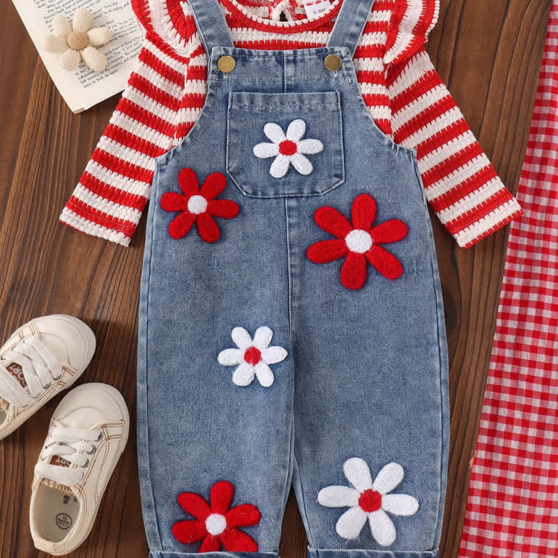 Completo da bambina composto da top a righe e salopette in denim con stampa floreale, due pezzi. - image 1