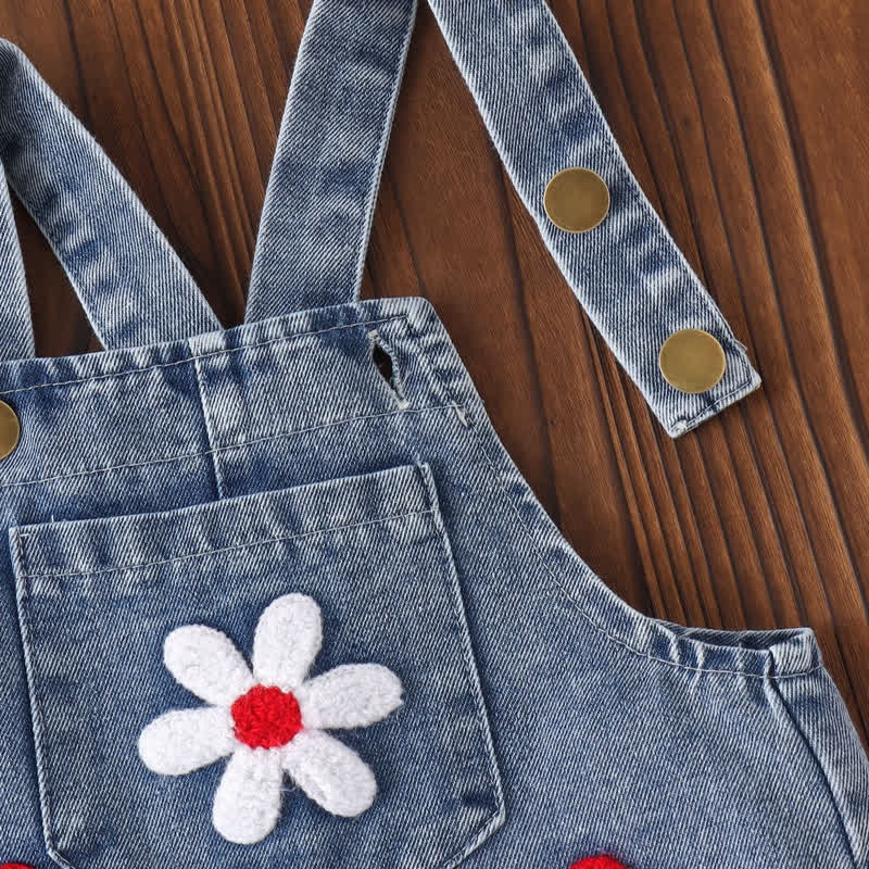Completo da bambina composto da top a righe e salopette in denim con stampa floreale, due pezzi. - image 7