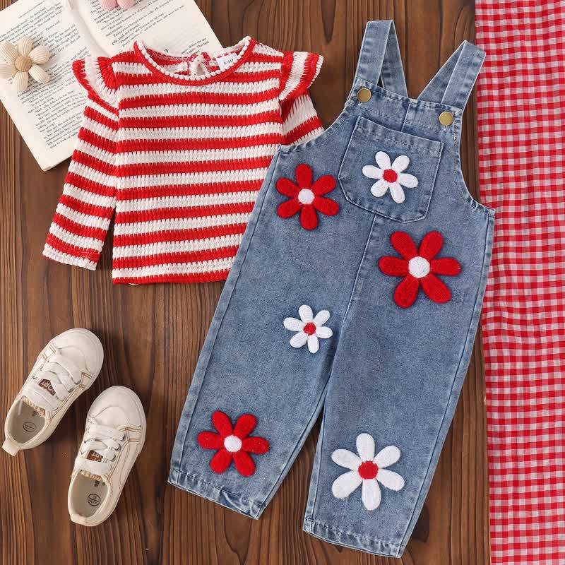 Completo da bambina composto da top a righe e salopette in denim con stampa floreale, due pezzi. - Rosso - 2-3 anni - image 2