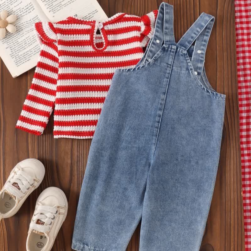 Completo da bambina composto da top a righe e salopette in denim con stampa floreale, due pezzi. - image 3